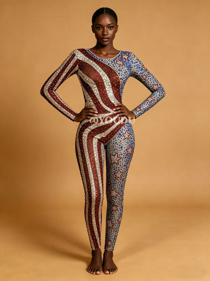 Meishi Rhinestone American Style Hip Hop Dance Jumpsuit