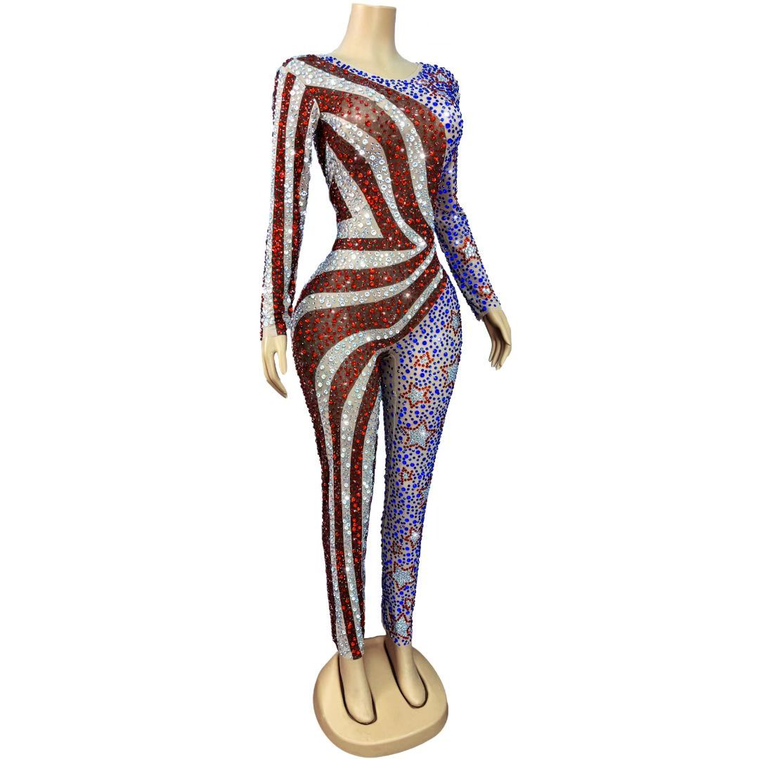 Meishi Rhinestone American Style Hip Hop Dance Jumpsuit
