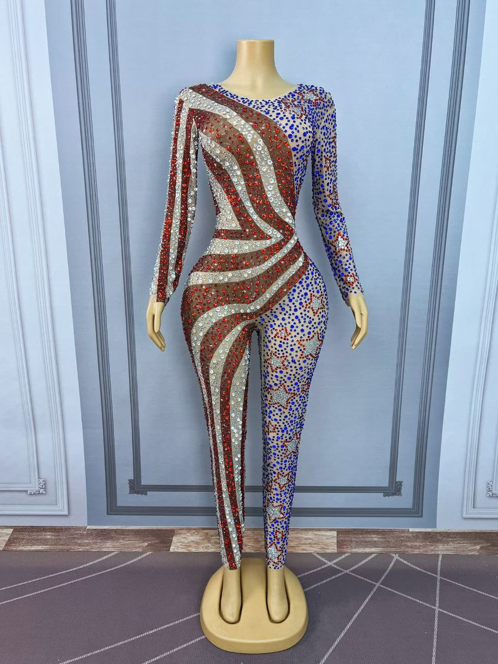 CELESINYI Meishi Crystal USA Flag Catsuit