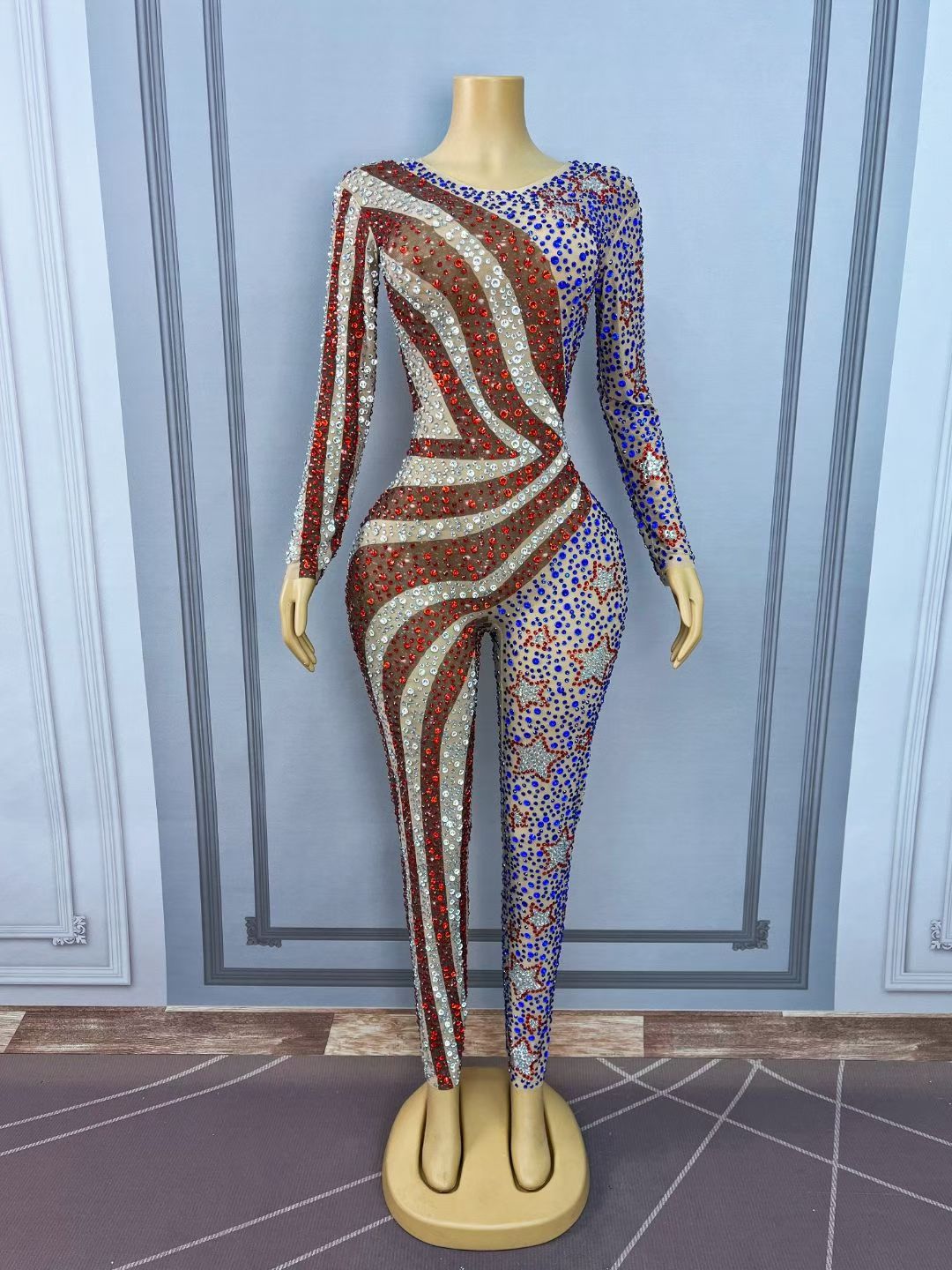 Meishi Rhinestone American Style Hip Hop Dance Jumpsuit