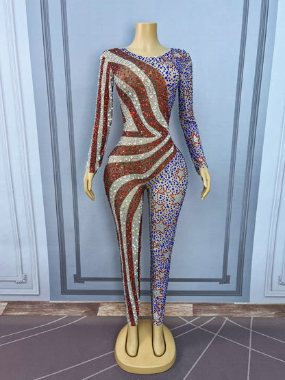Meishi Rhinestone American Style Hip Hop Dance Jumpsuit