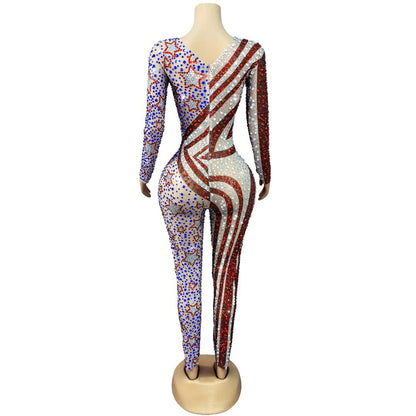 Meishi Rhinestone American Style Hip Hop Dance Jumpsuit