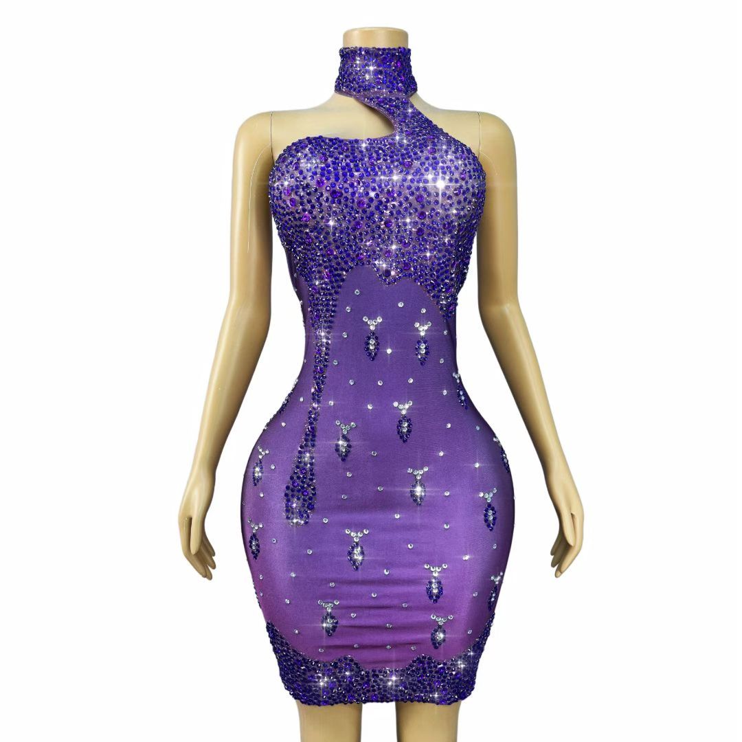 Zishuilian Rhinestone Purple Waterfall Stage Show Dress