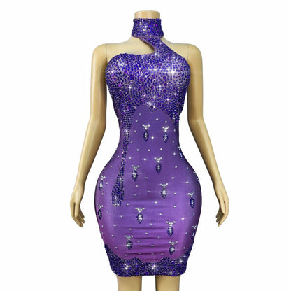 Zishuilian Rhinestone Purple Waterfall Stage Show Dress