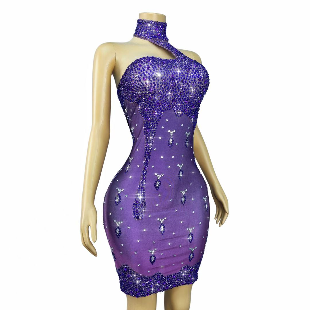 Zishuilian Rhinestone Purple Waterfall Stage Show Dress