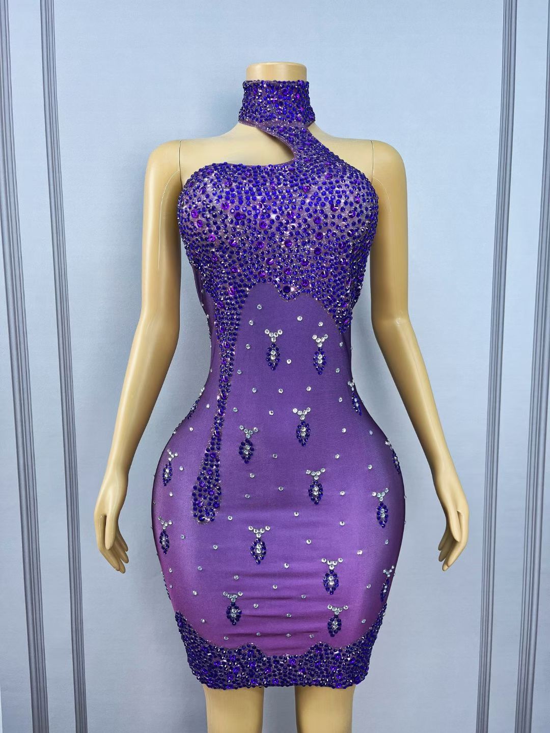 Zishuilian Rhinestone Purple Waterfall Stage Show Dress