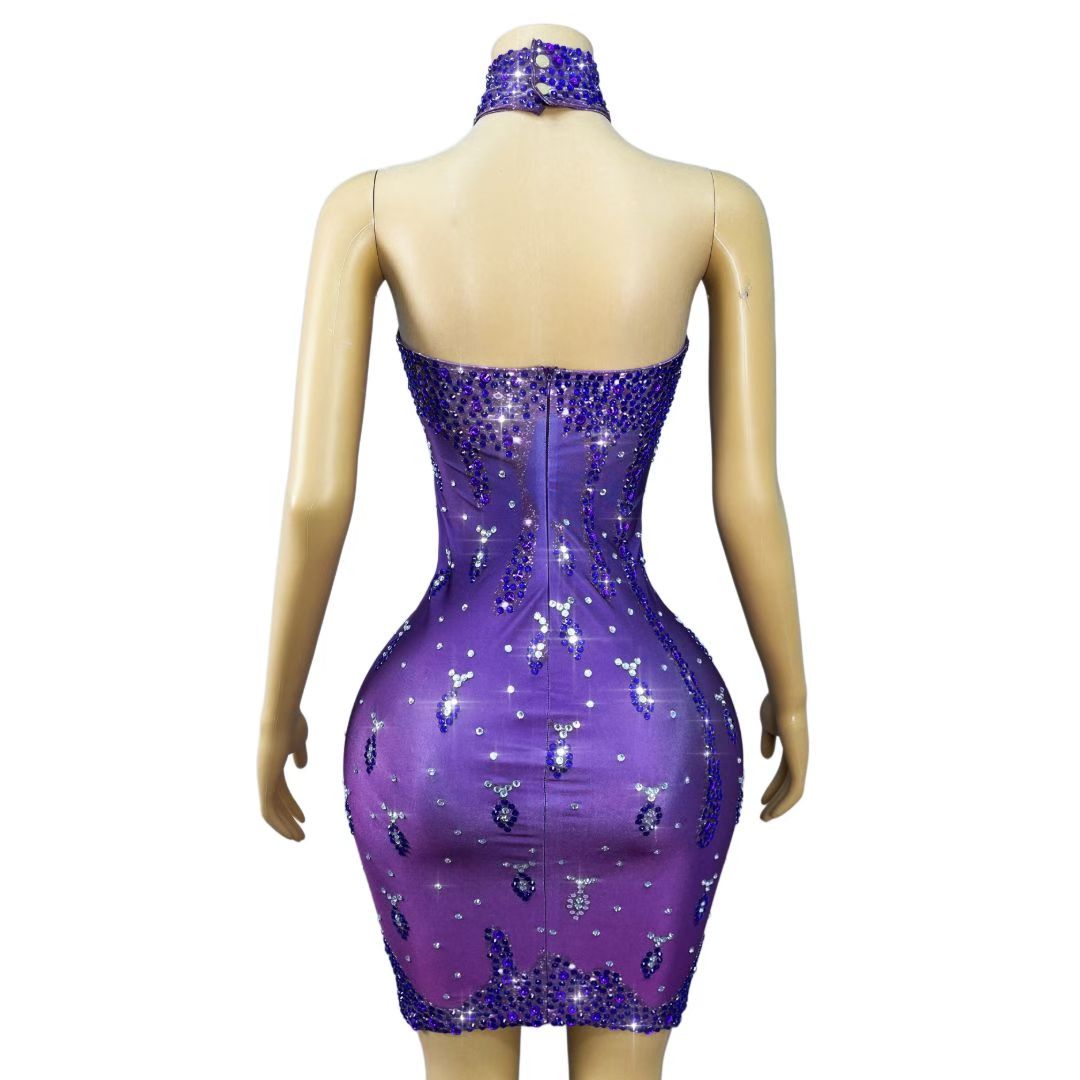 Zishuilian Rhinestone Purple Waterfall Stage Show Dress
