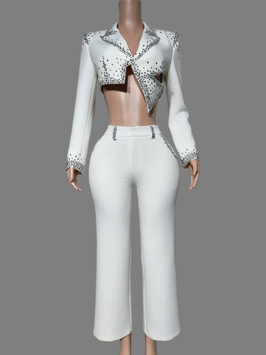 CELESINYI Baixizhuang Crystal Crop Blazer Pants Set