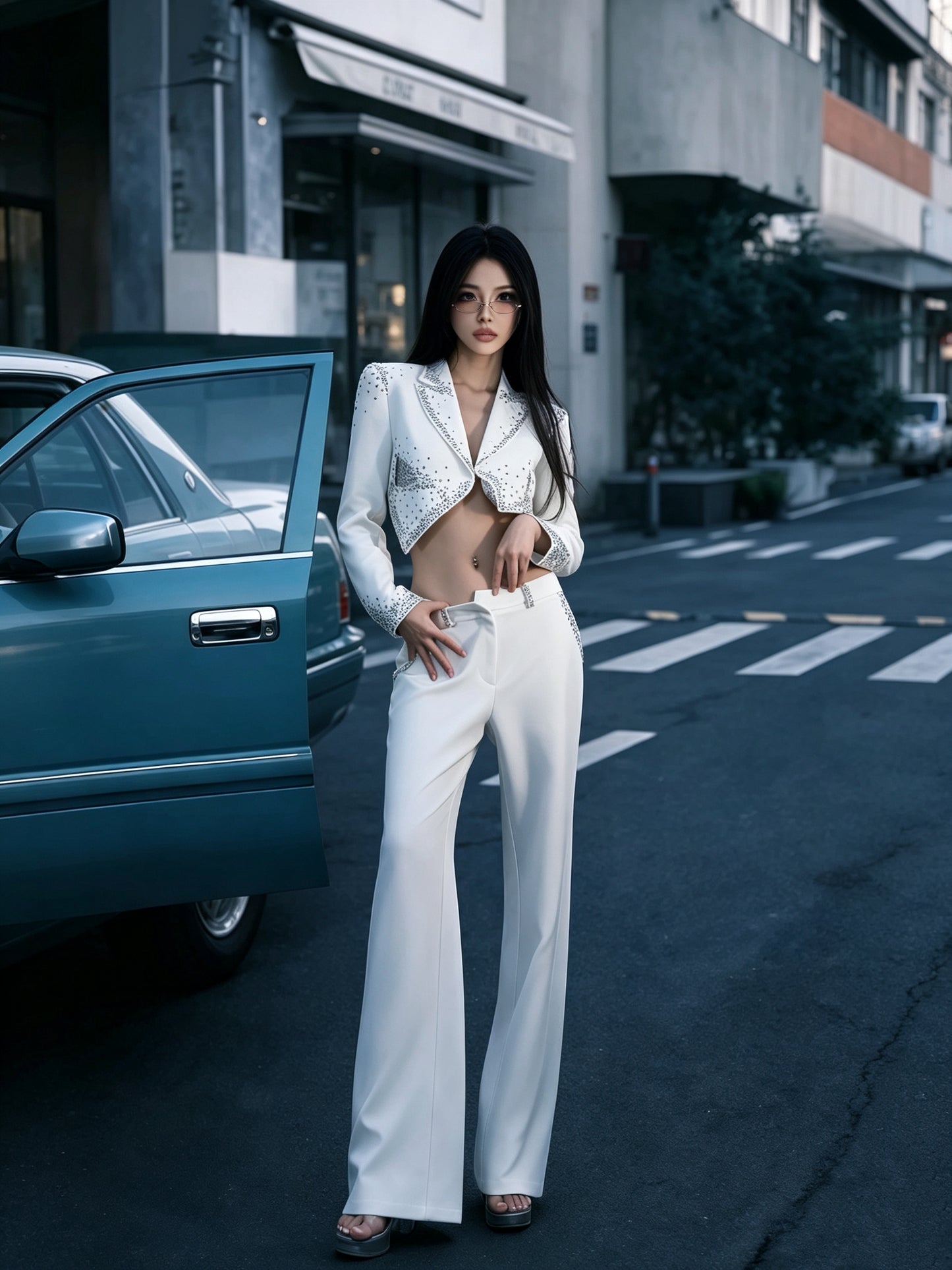 CELESINYI Baixizhuang Crystal Crop Blazer Pants Set