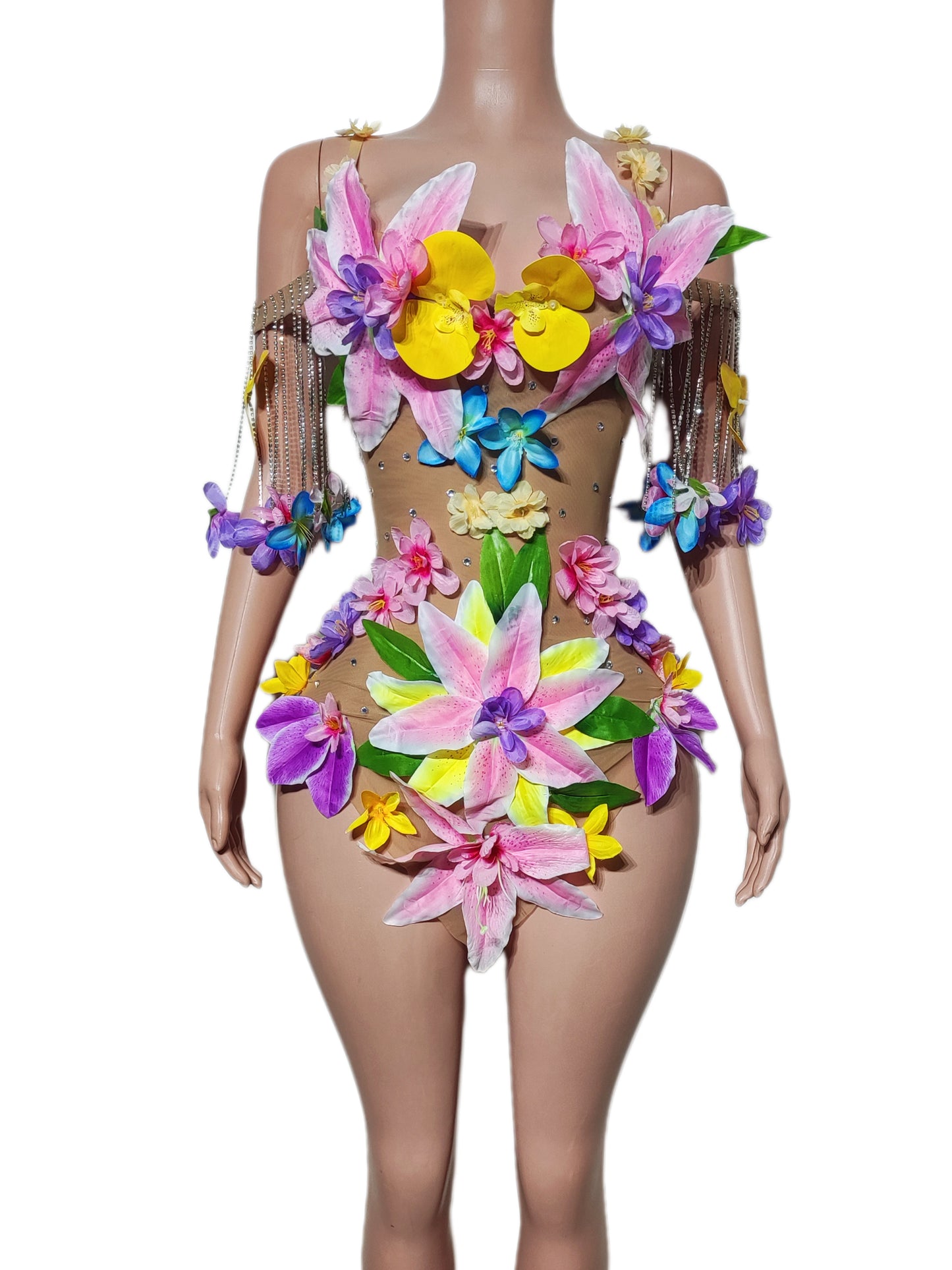 CELESINYI Xianhua 3D Flower Nude Mesh Bodysuit