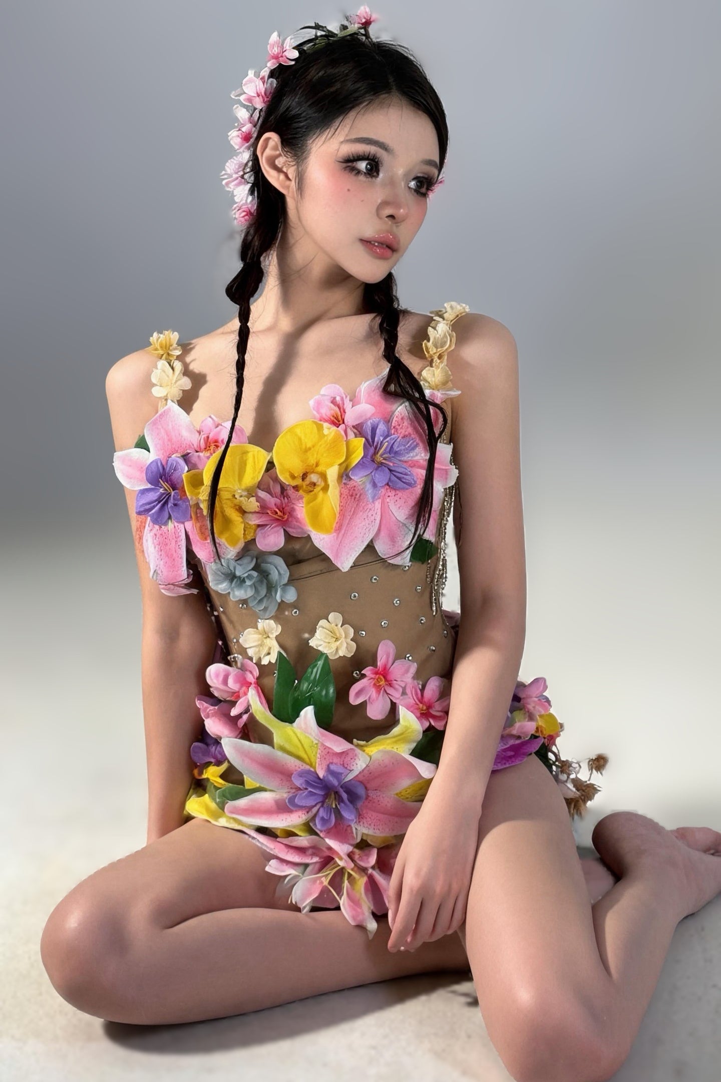 CELESINYI Xianhua 3D Flower Nude Mesh Bodysuit