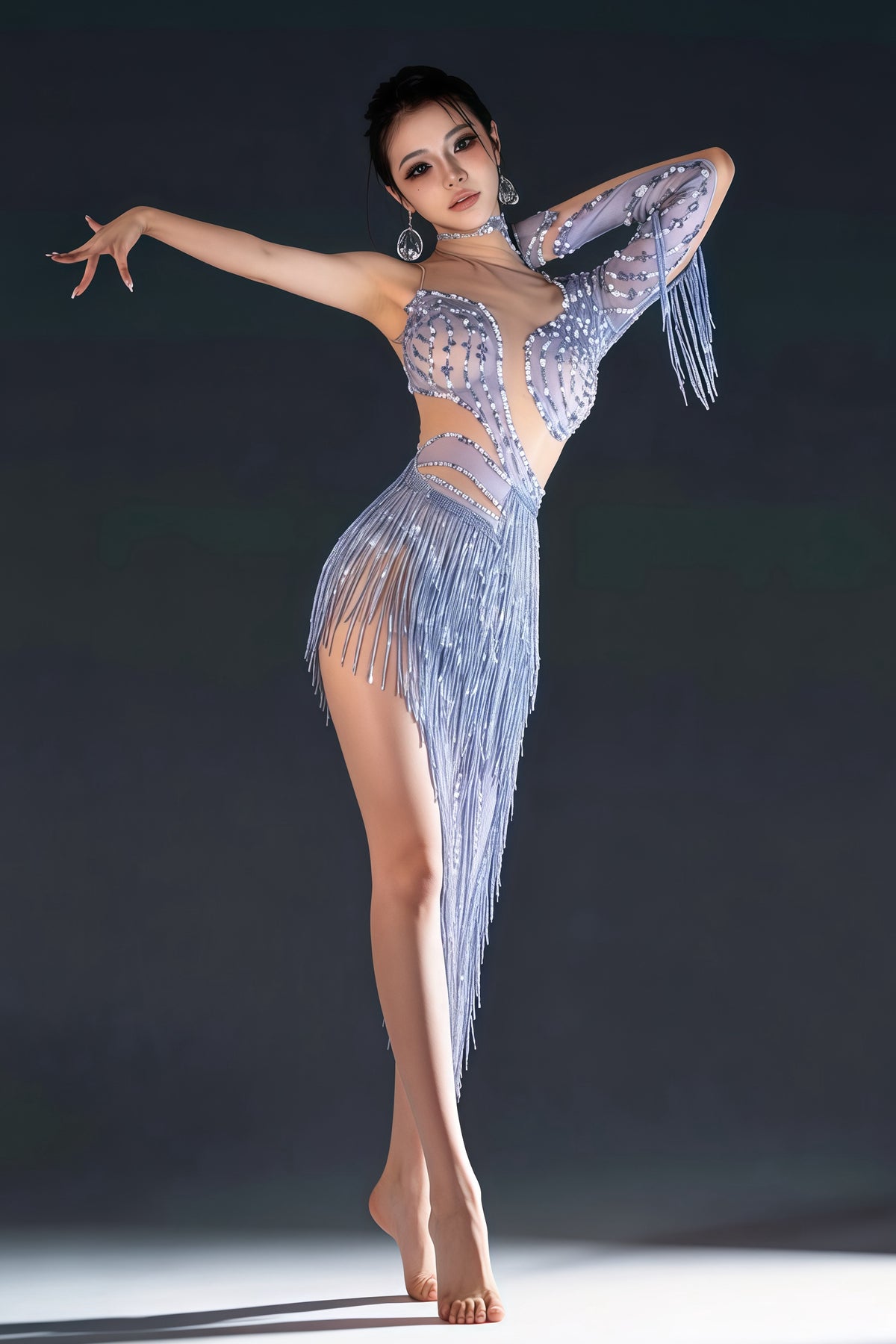 CELESINYI Yulan Crystal One-Sleeve Fringe Bodysuit