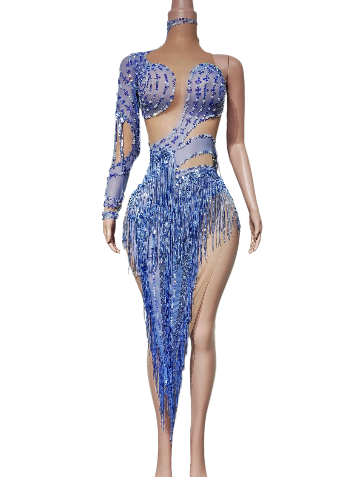 CELESINYI Yulan Crystal One-Sleeve Fringe Bodysuit