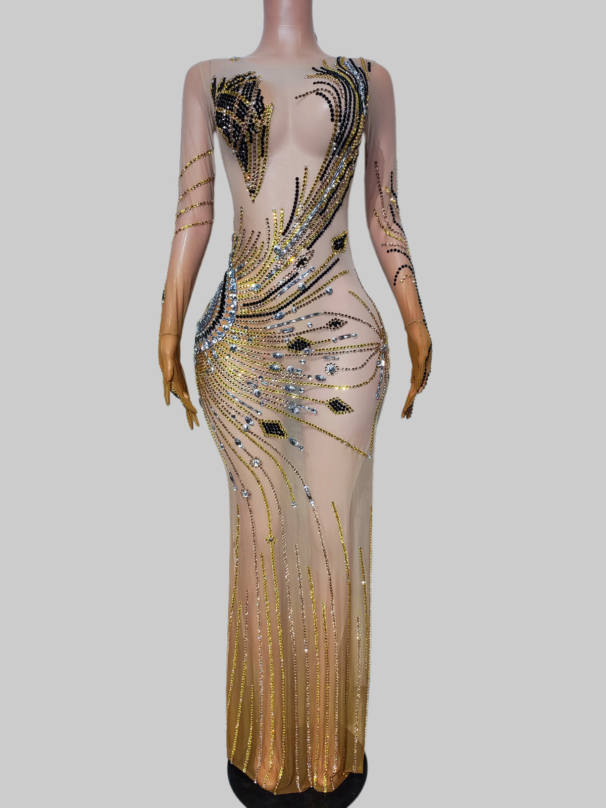 CELESINYI Weijian Gold Black Peacock Tail Gown