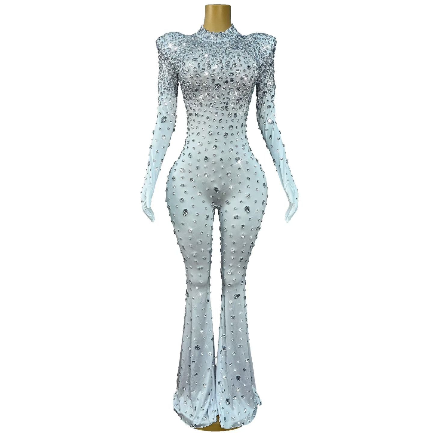 CELESINYI Dashuijing Crystal Bell-Bottom Jumpsuit (White)