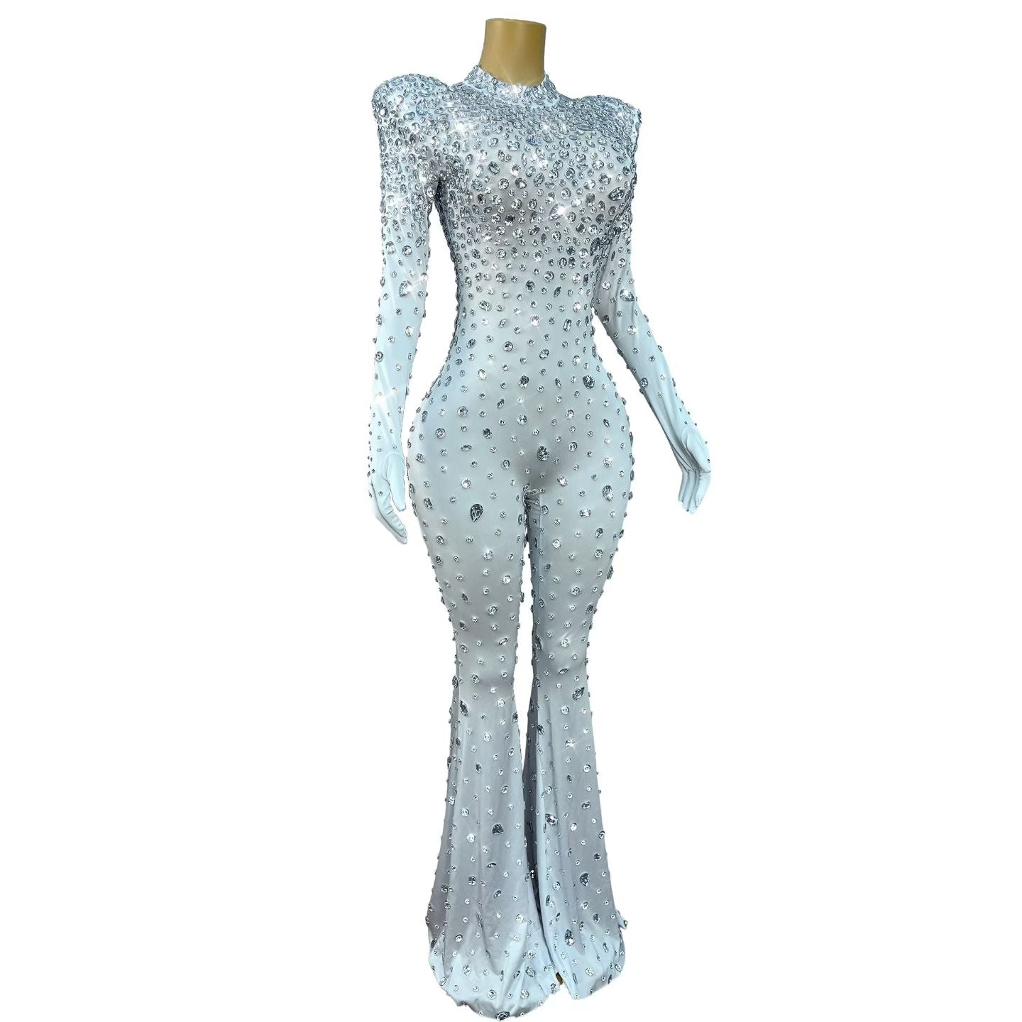 CELESINYI Dashuijing Crystal Bell-Bottom Jumpsuit (White)
