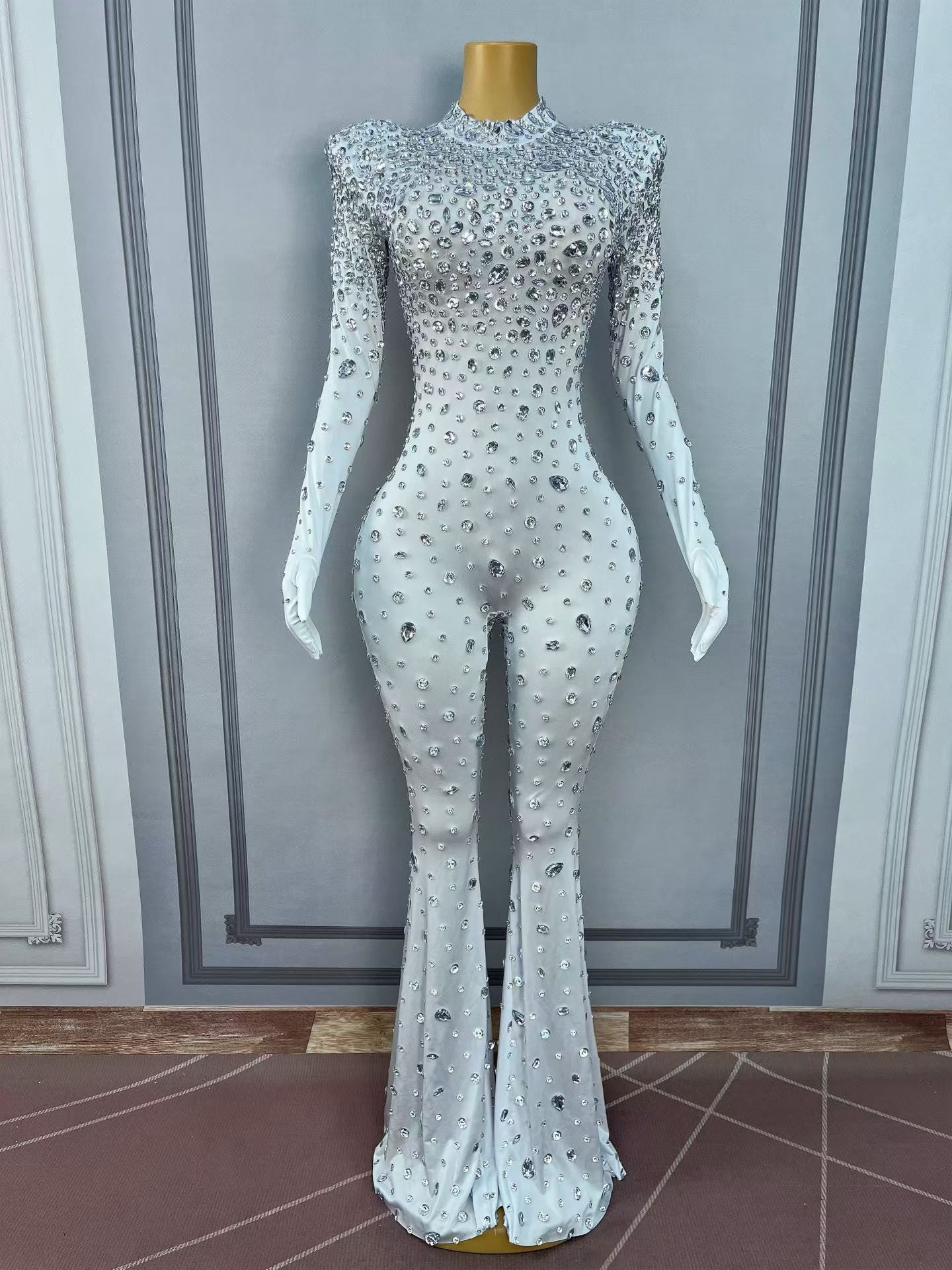 CELESINYI Dashuijing Crystal Bell-Bottom Jumpsuit (White)