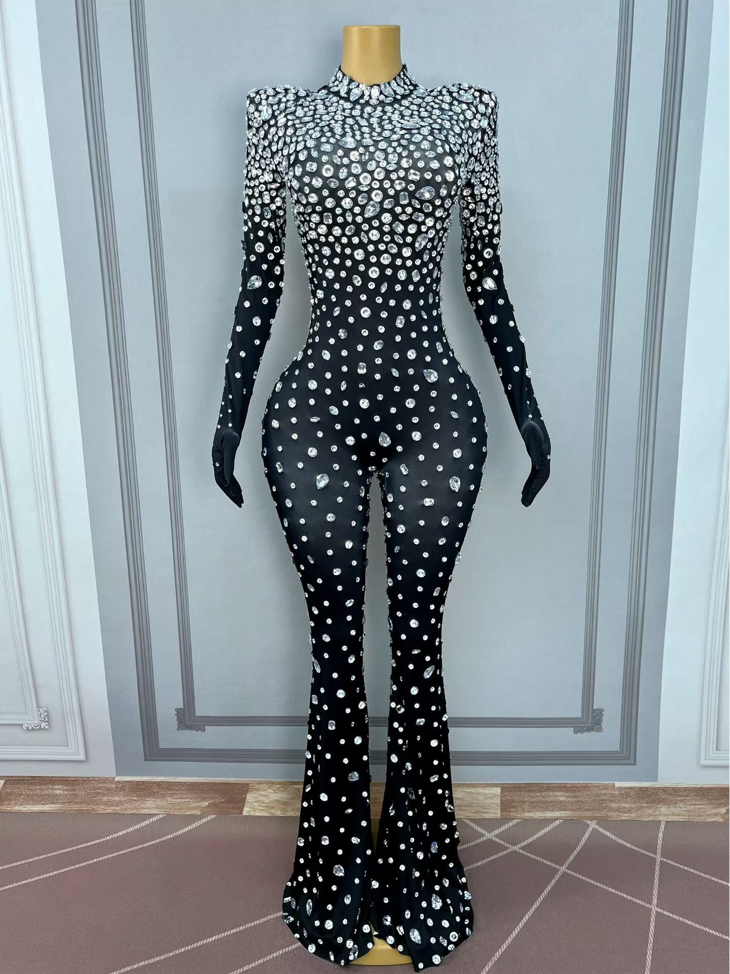 CELESINYI Dashuijing Crystal Bell-Bottom Jumpsuit (Black)