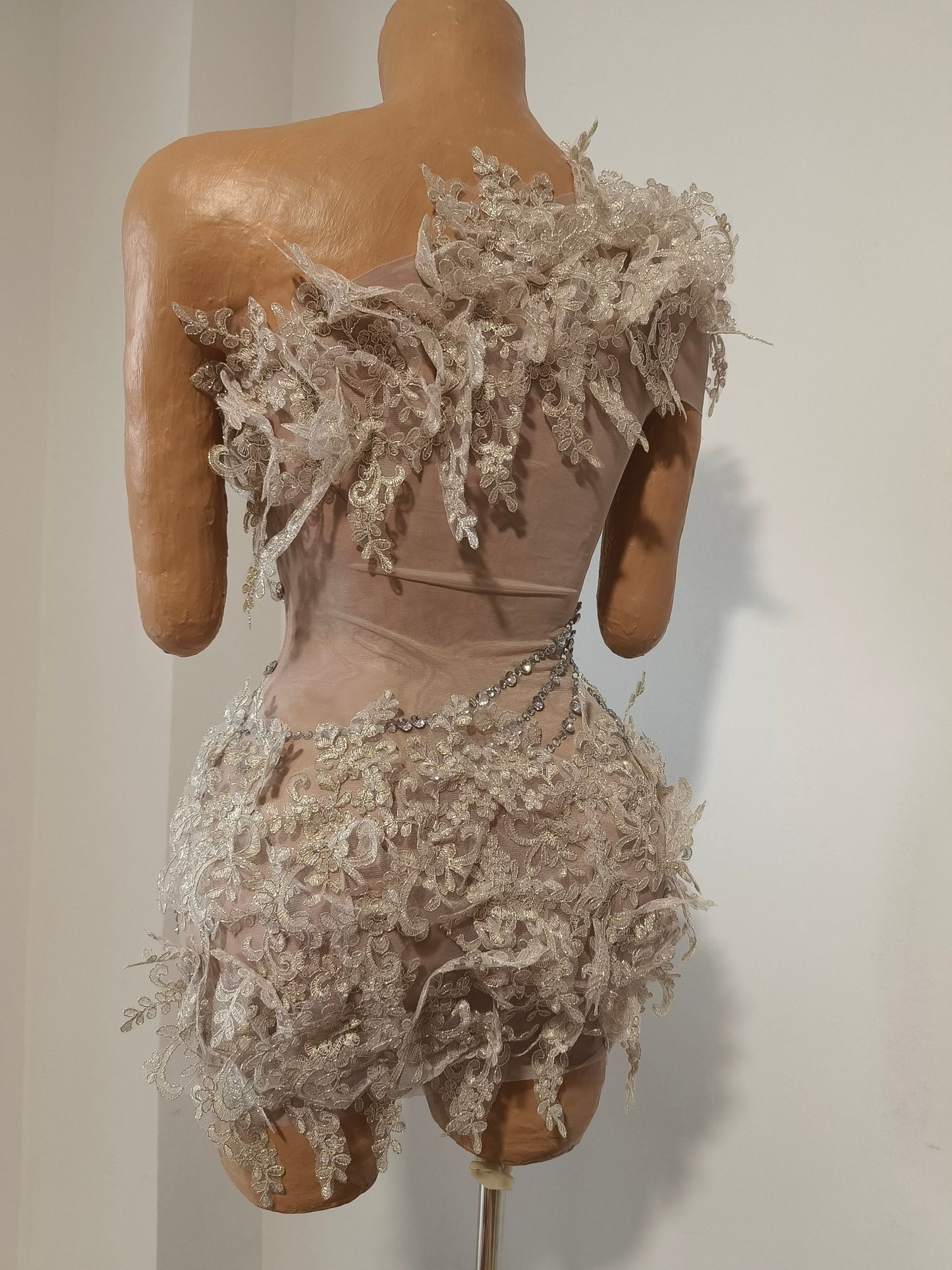 CELESINYI Tanqin Crystal Champagne Lace Mini Dress