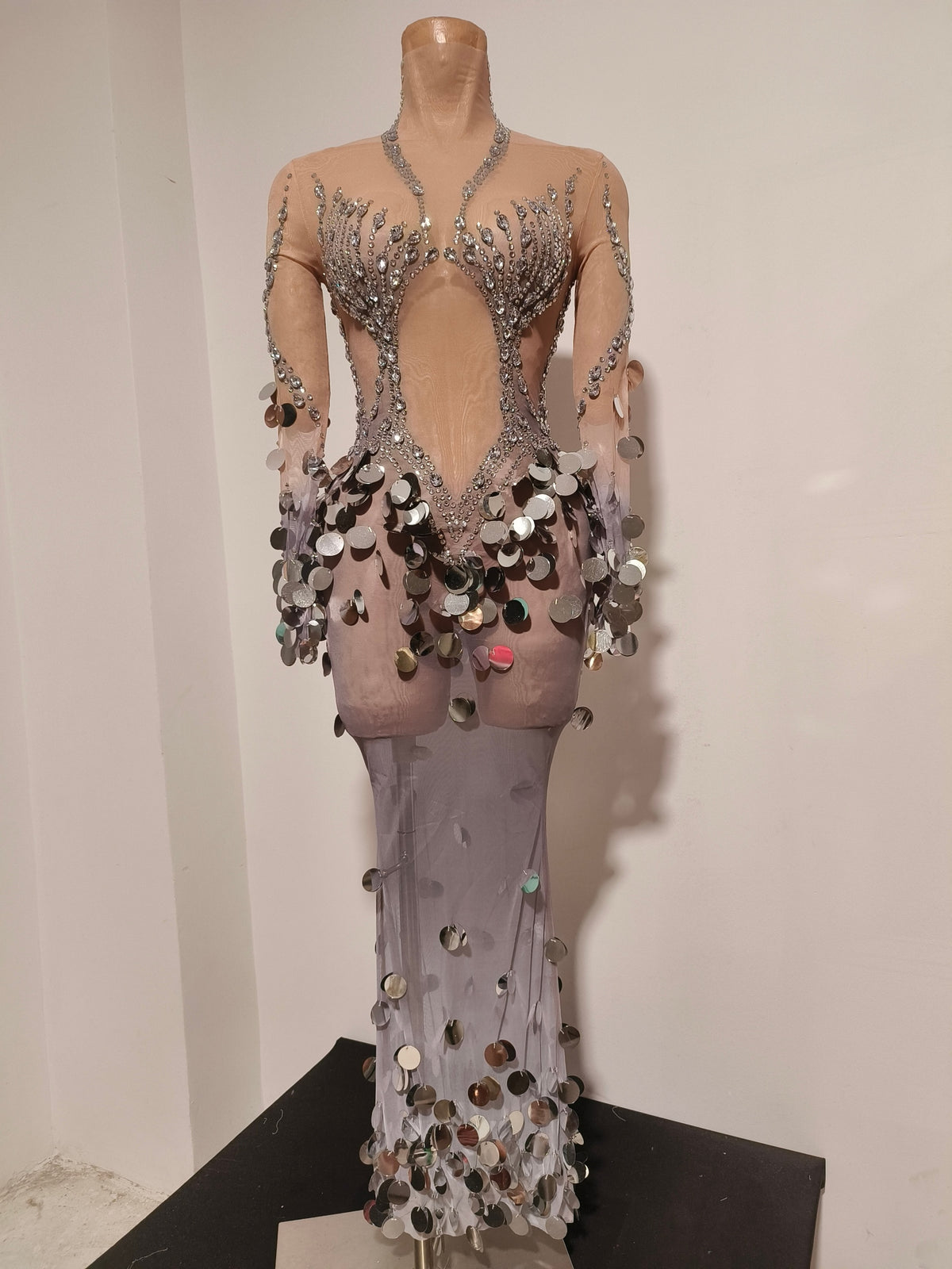 CELESINYI Jiubei Crystal Silver Sequin Gown