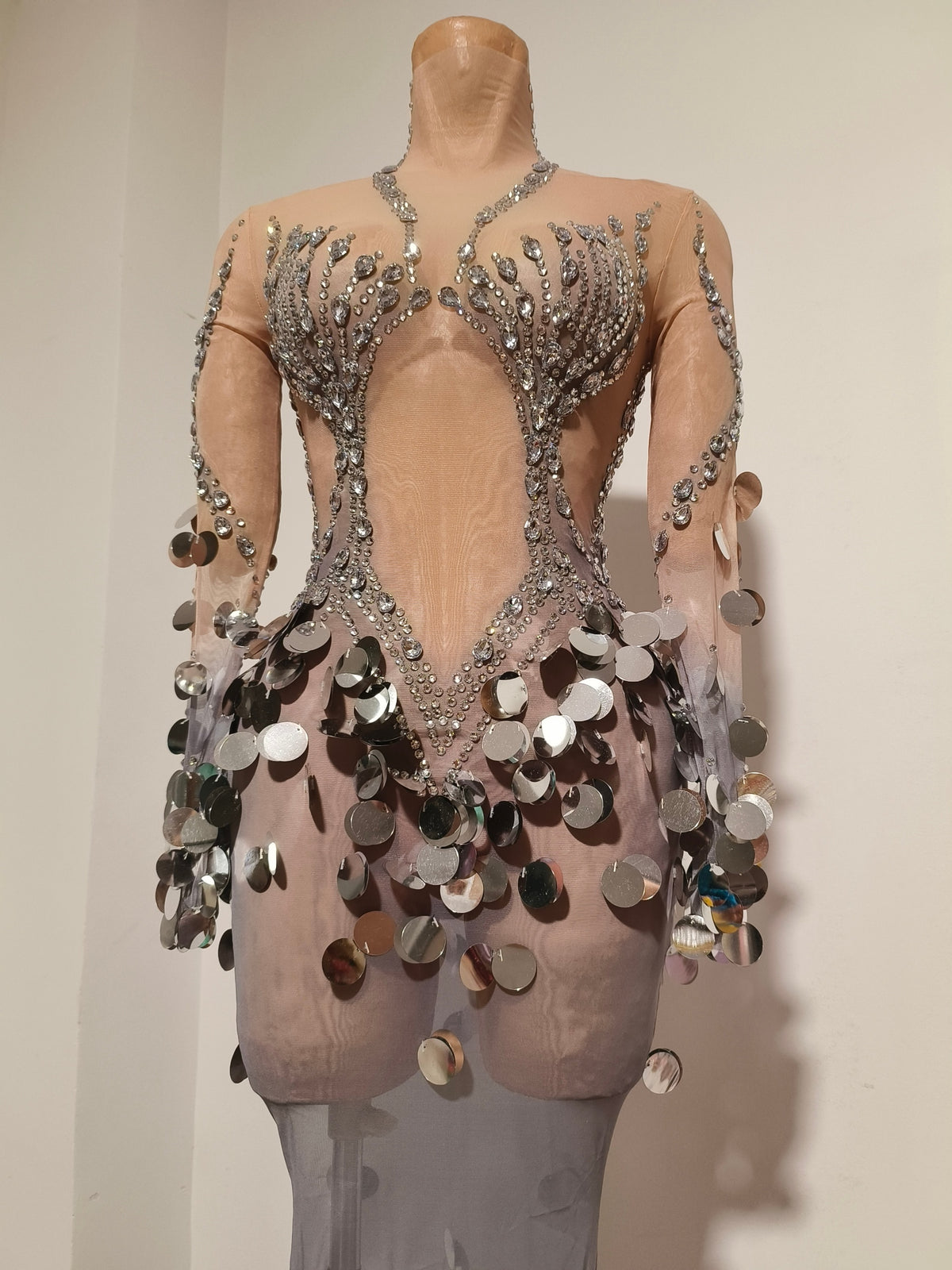 CELESINYI Jiubei Crystal Silver Sequin Gown