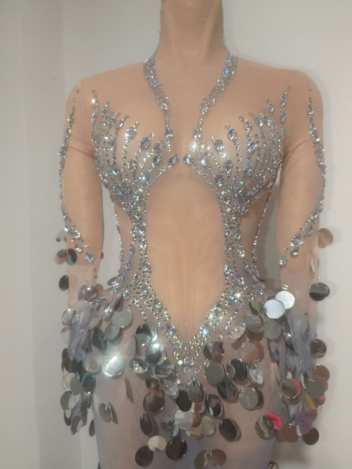 CELESINYI Jiubei Crystal Silver Sequin Gown