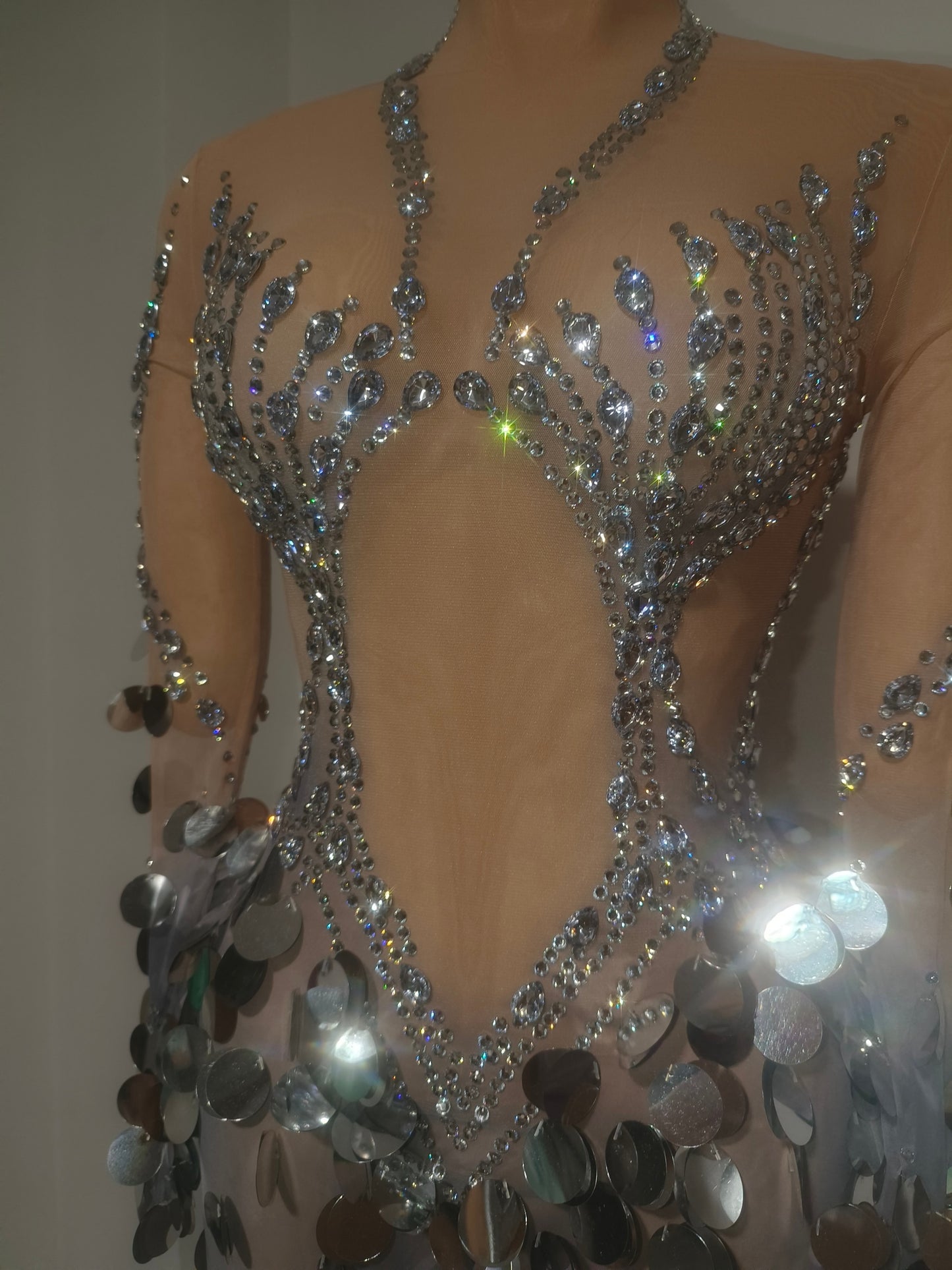 CELESINYI Jiubei Crystal Silver Sequin Gown