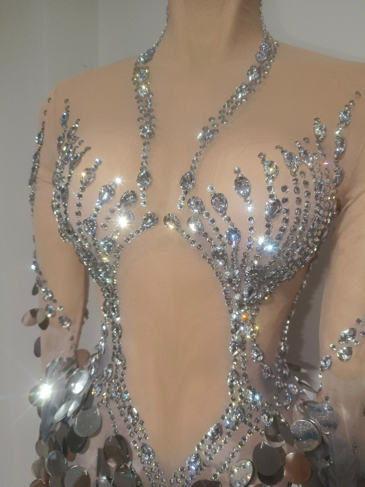 CELESINYI Jiubei Crystal Silver Sequin Gown