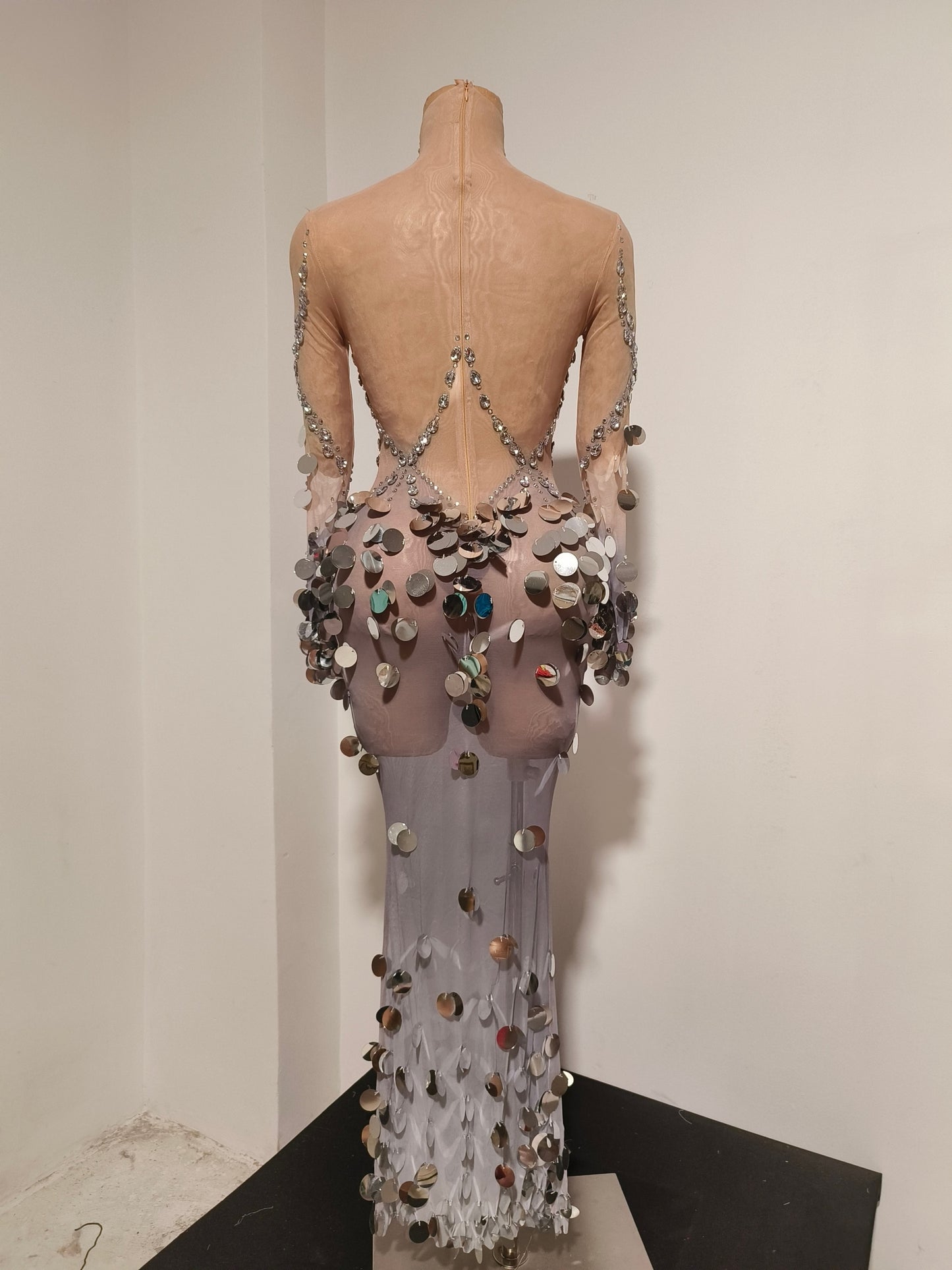 CELESINYI Jiubei Crystal Silver Sequin Gown