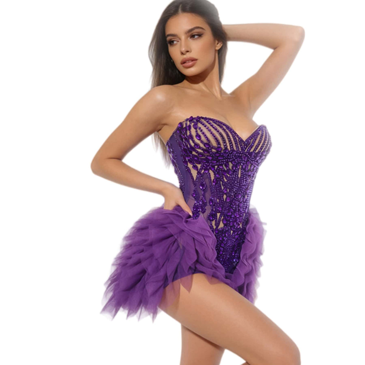CELESINYI Puti Crystal Purple Beaded Mini Dress