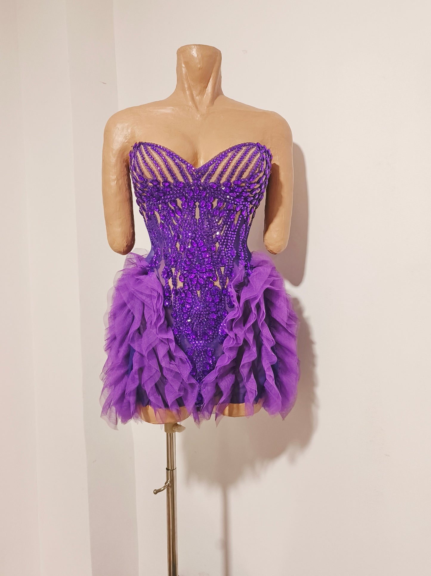CELESINYI Puti Crystal Purple Beaded Mini Dress