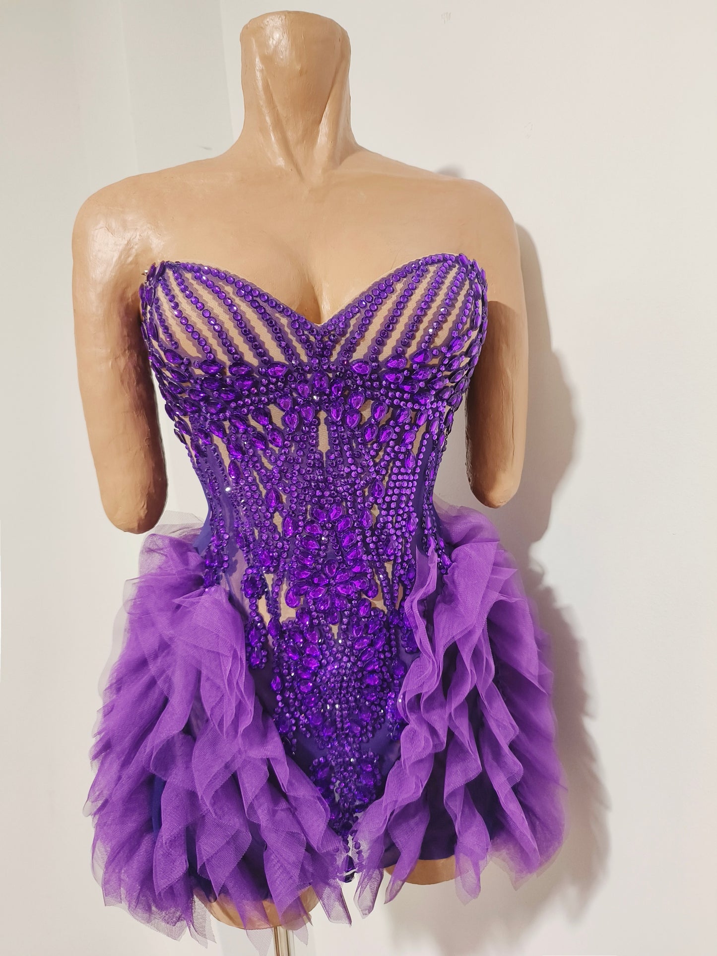 CELESINYI Puti Crystal Purple Beaded Mini Dress