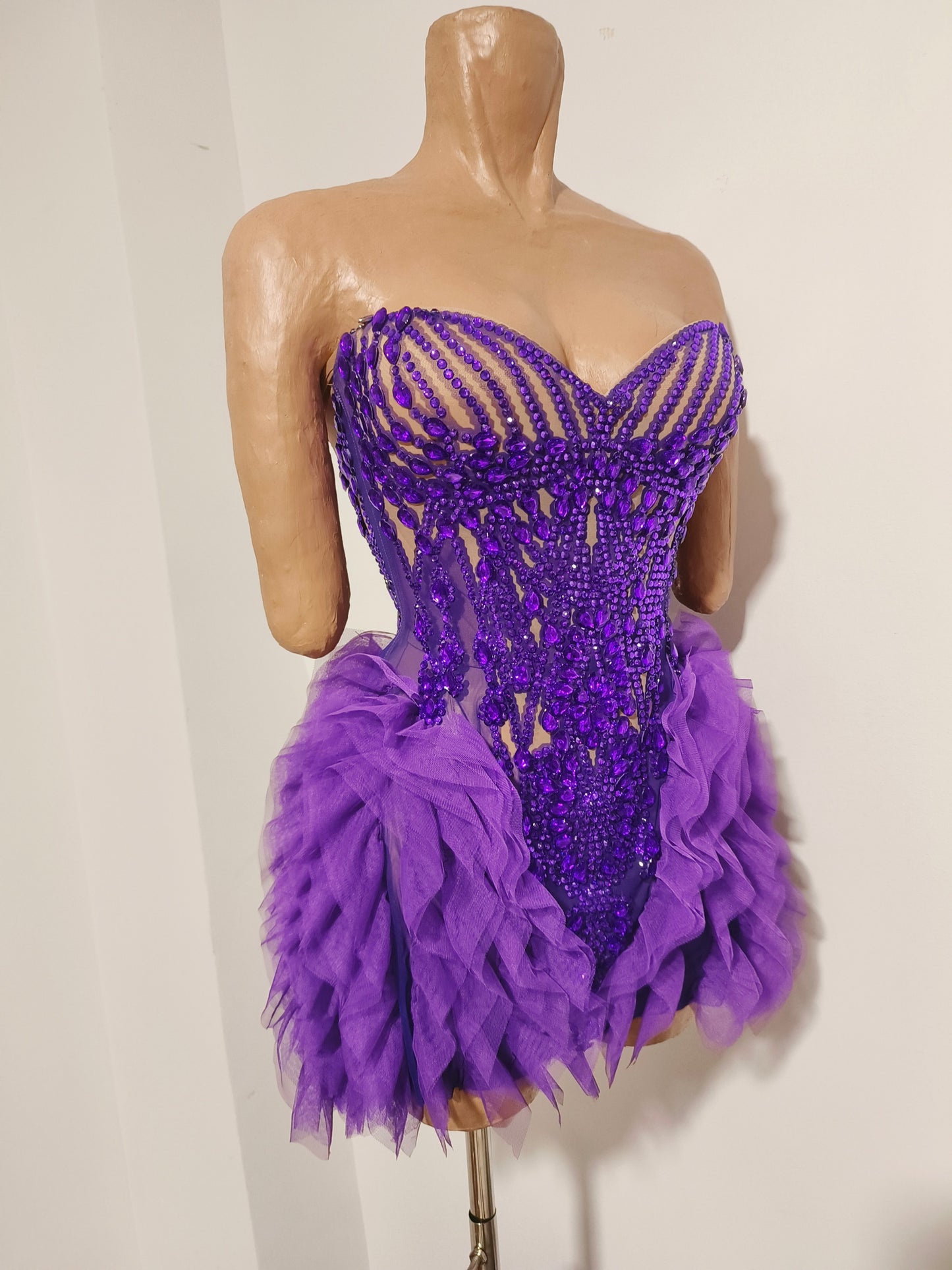 CELESINYI Puti Crystal Purple Beaded Mini Dress