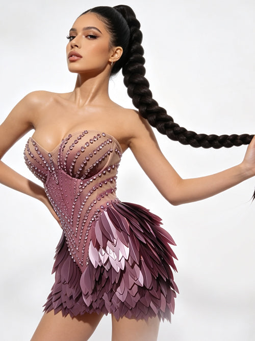 CELESINYI Hongmao Crystal Lavender Feather Mini Dress