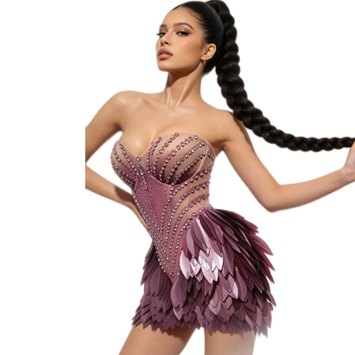 CELESINYI Hongmao Crystal Lavender Feather Mini Dress