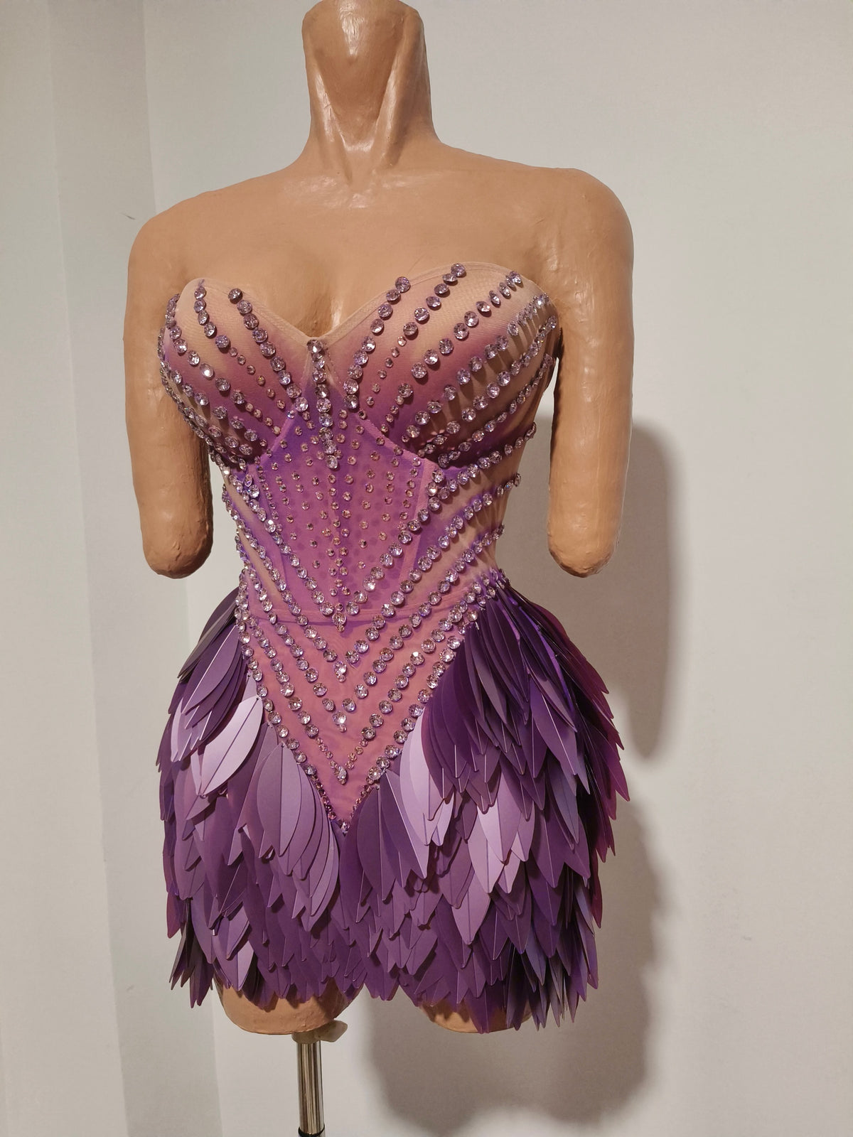 CELESINYI Hongmao Crystal Lavender Feather Mini Dress