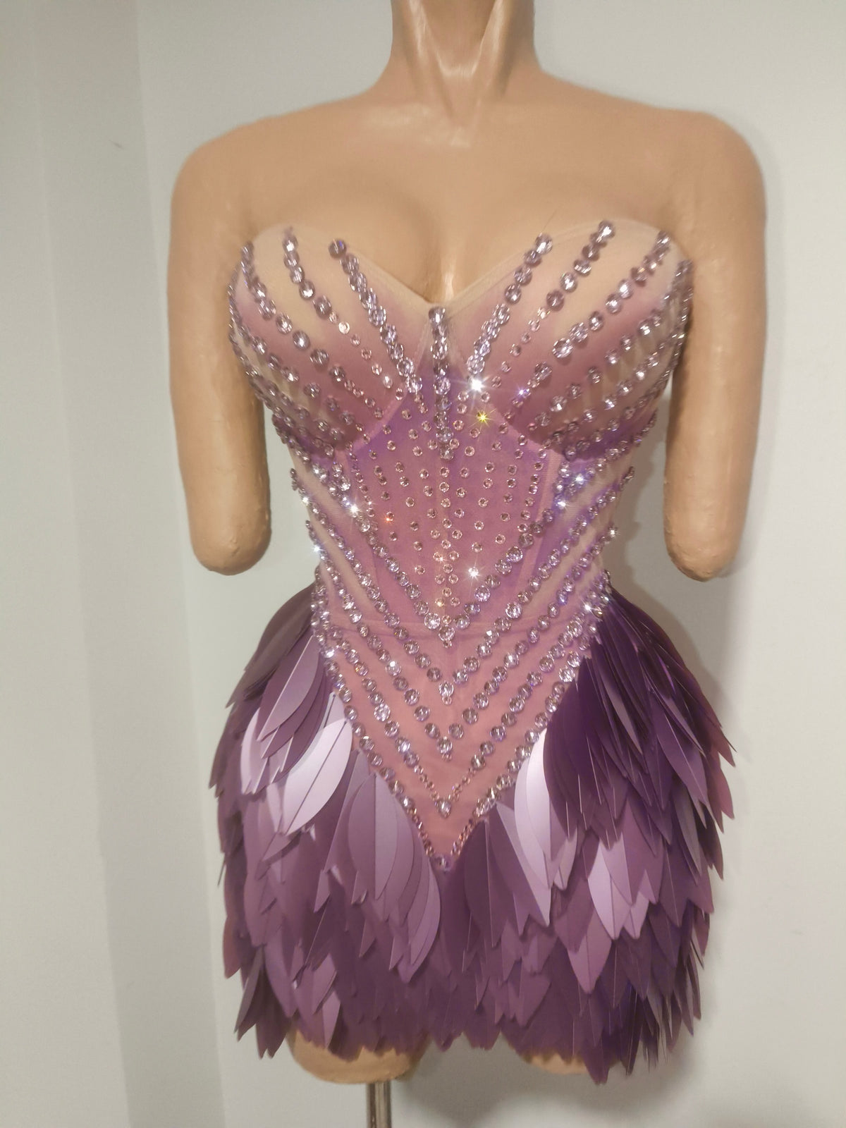 CELESINYI Hongmao Crystal Lavender Feather Mini Dress