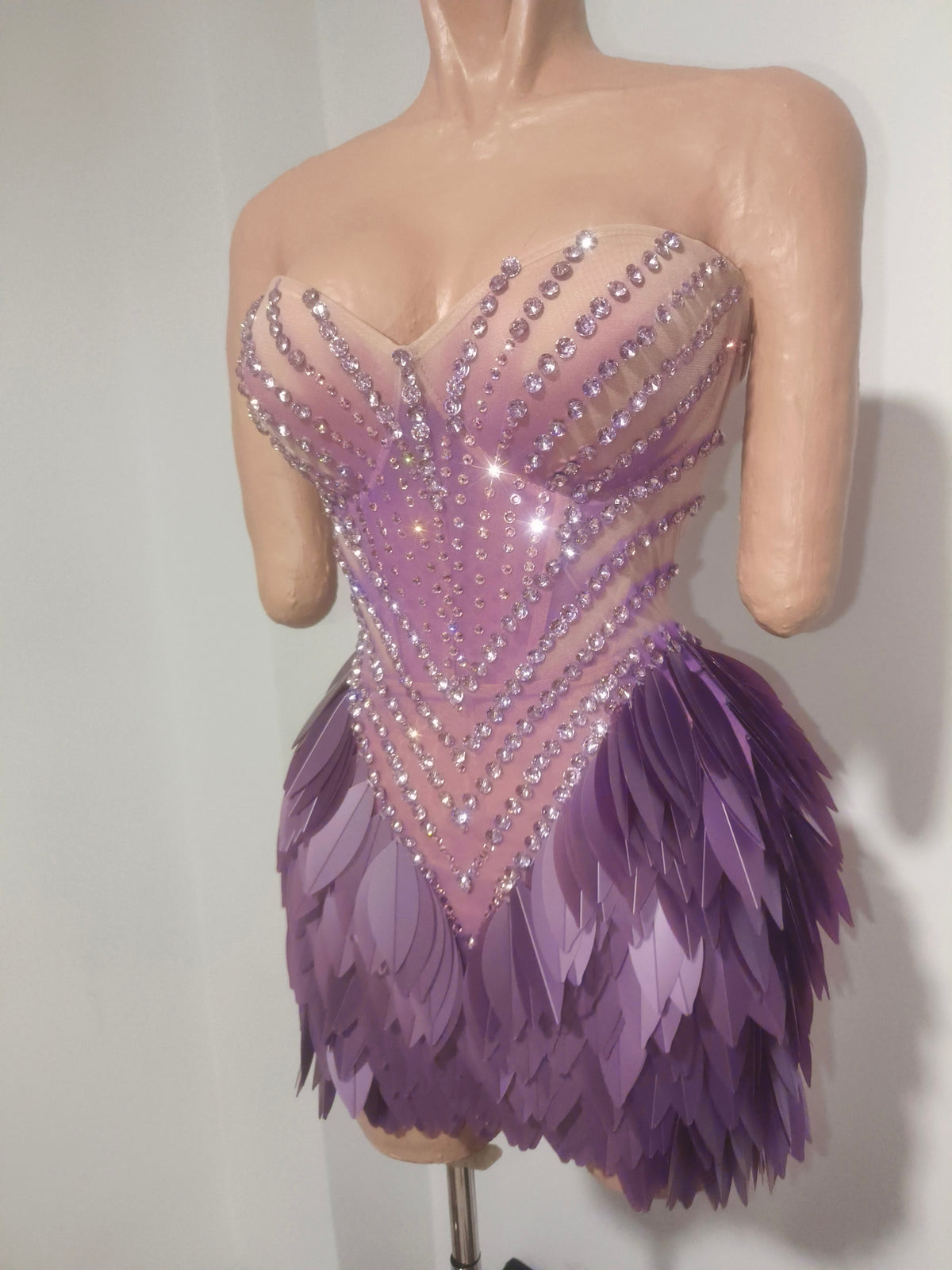 CELESINYI Hongmao Crystal Lavender Feather Mini Dress