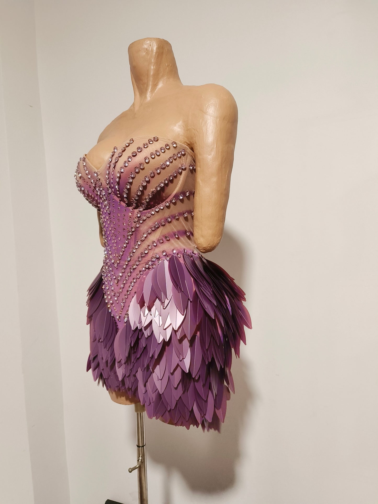 CELESINYI Hongmao Crystal Lavender Feather Mini Dress