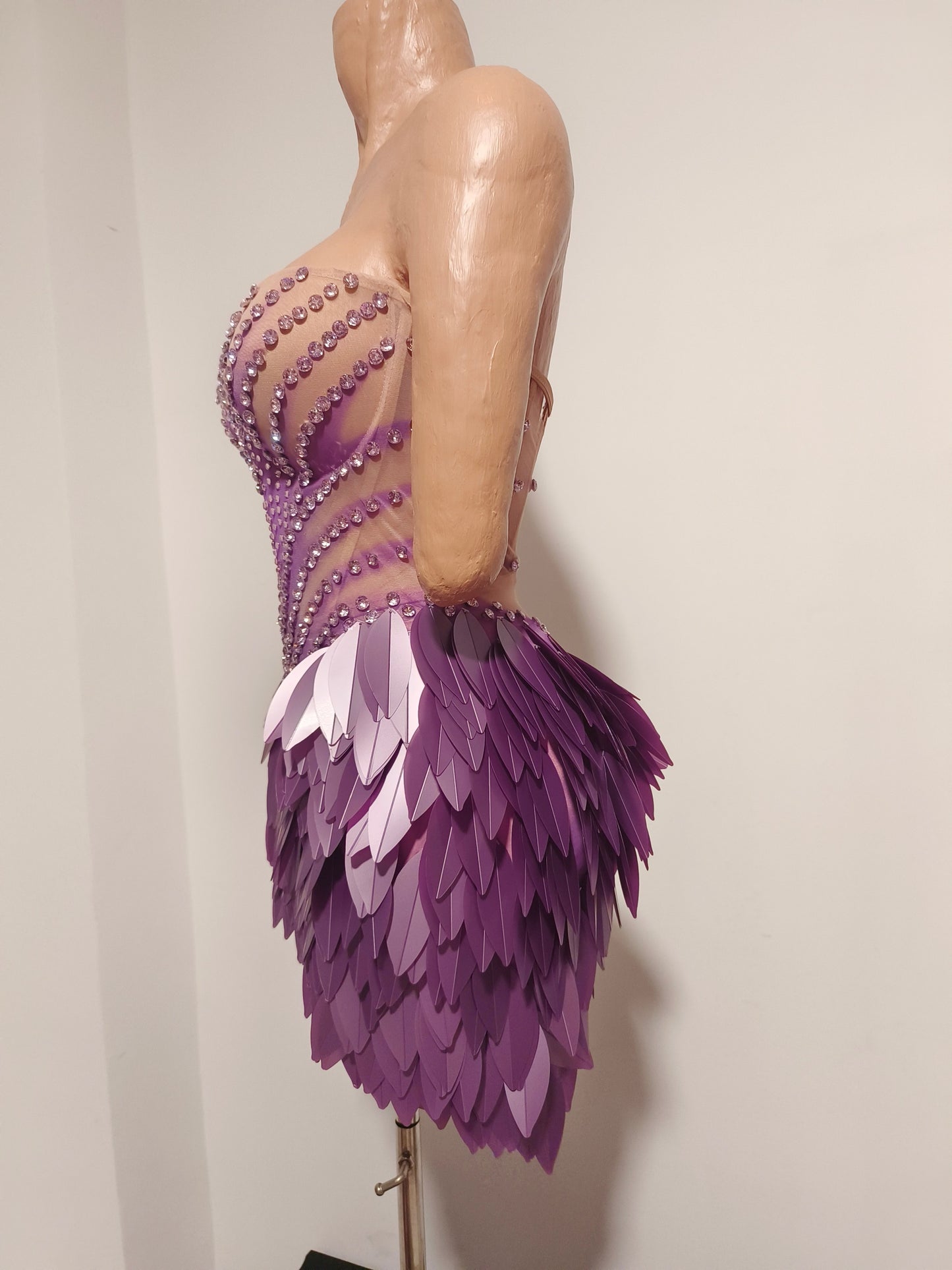 CELESINYI Hongmao Crystal Lavender Feather Mini Dress