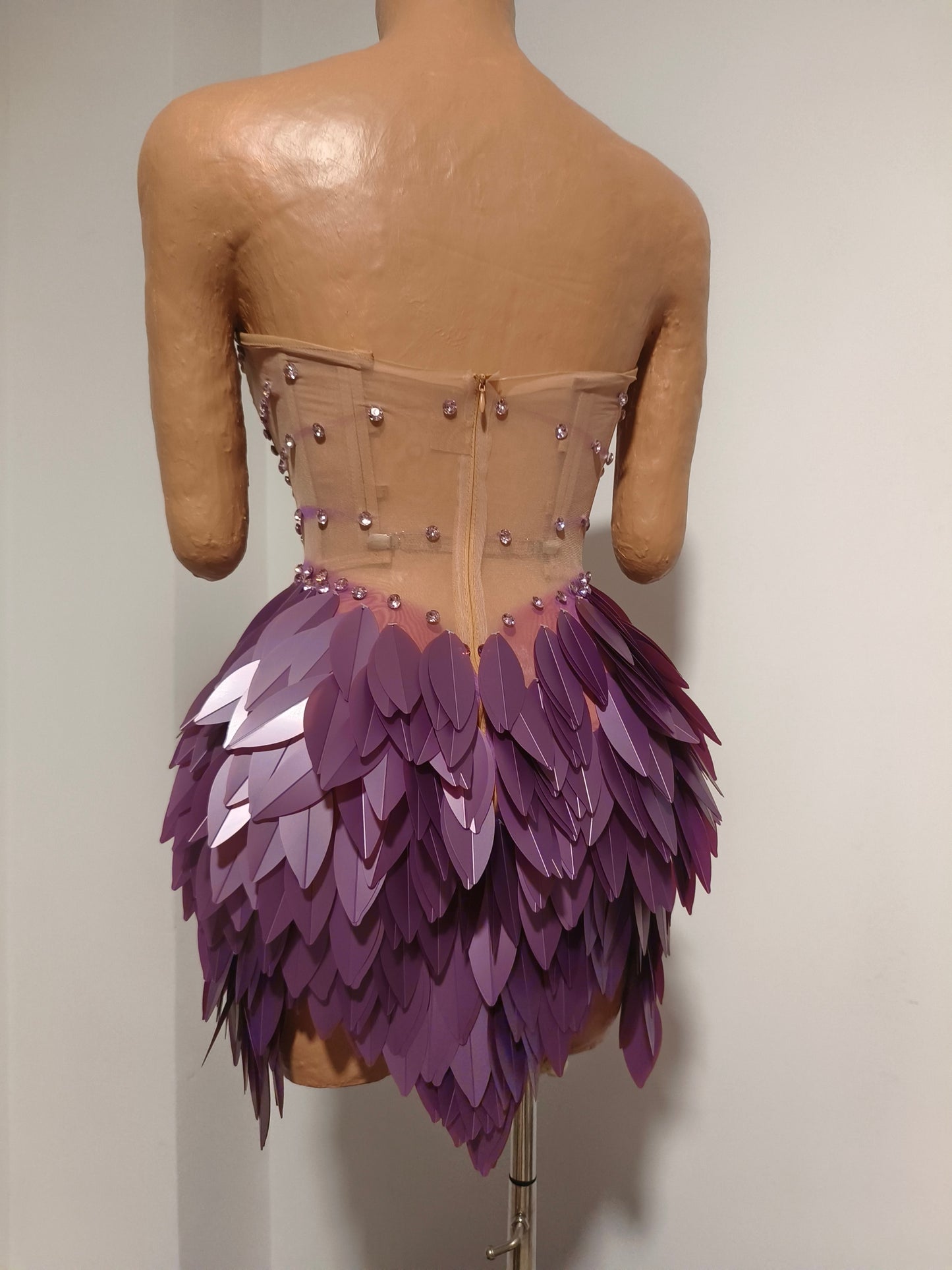 CELESINYI Hongmao Crystal Lavender Feather Mini Dress