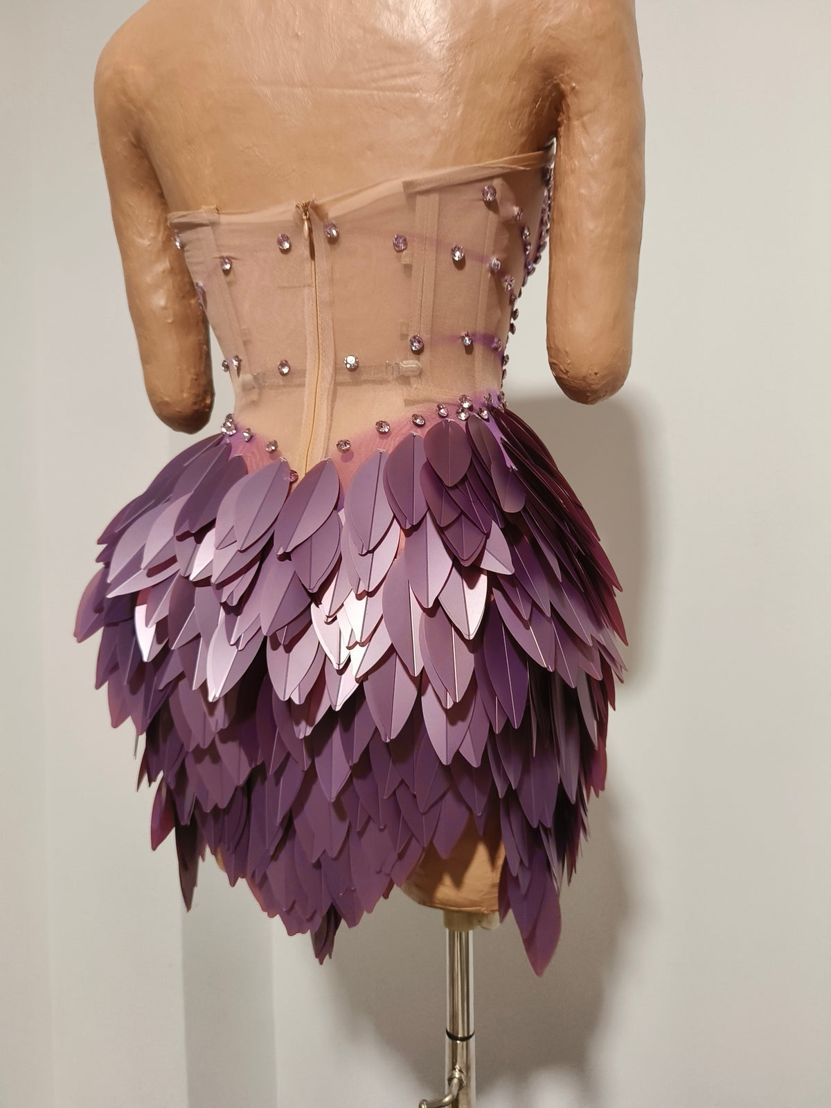 CELESINYI Hongmao Crystal Lavender Feather Mini Dress