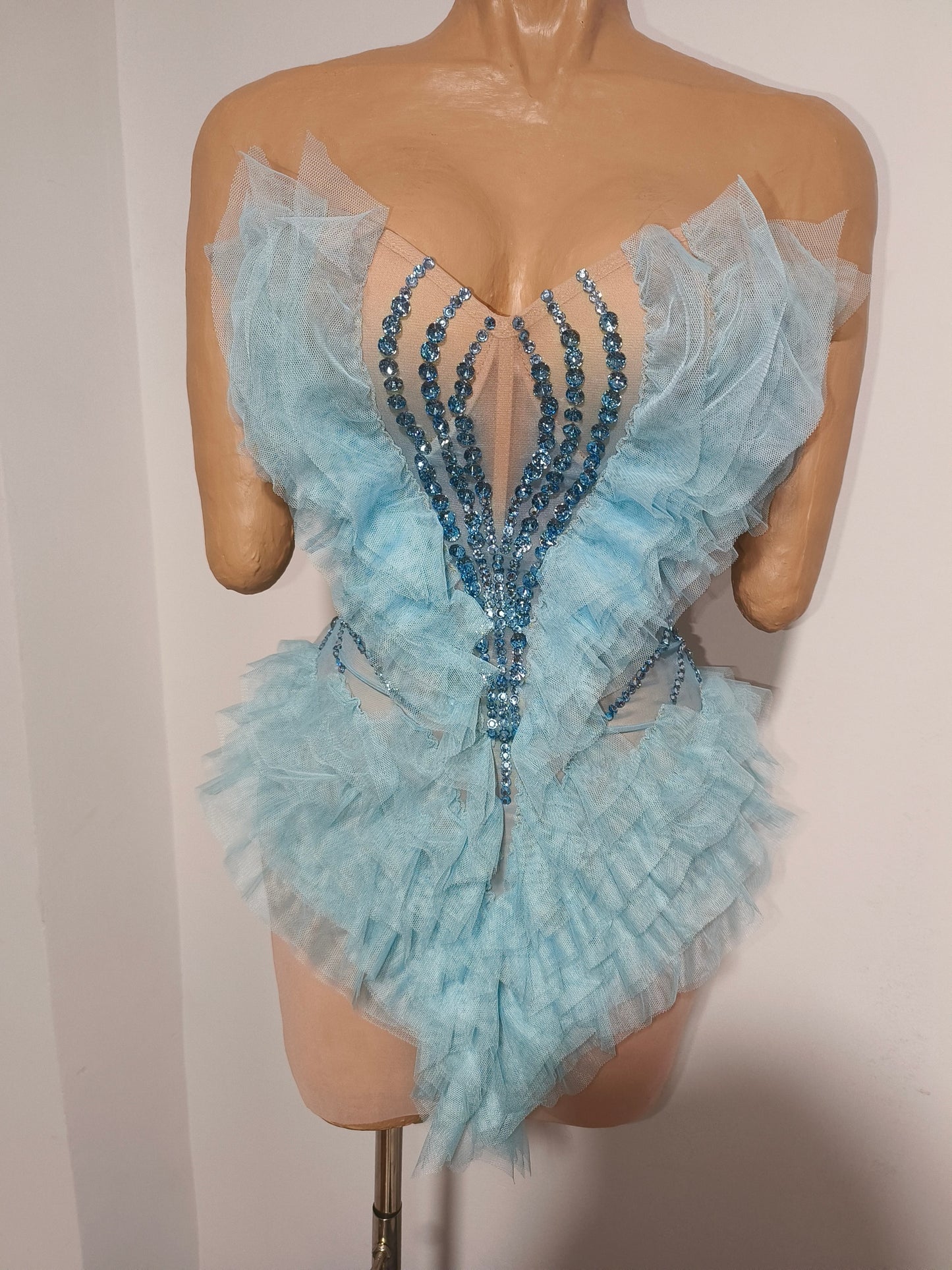 CELESINYI Liangkuai Crystal Sky Blue Ruffled Bodysuit