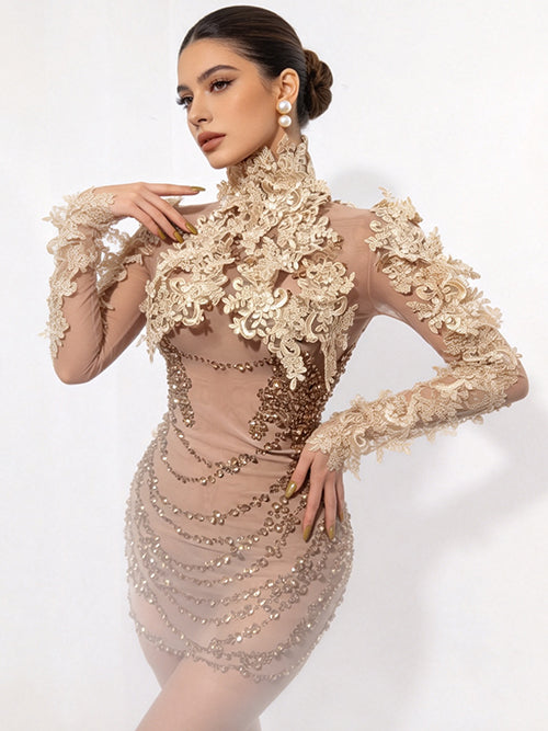 CELESINYI Jinghua Crystal Champagne Lace Mini Dress