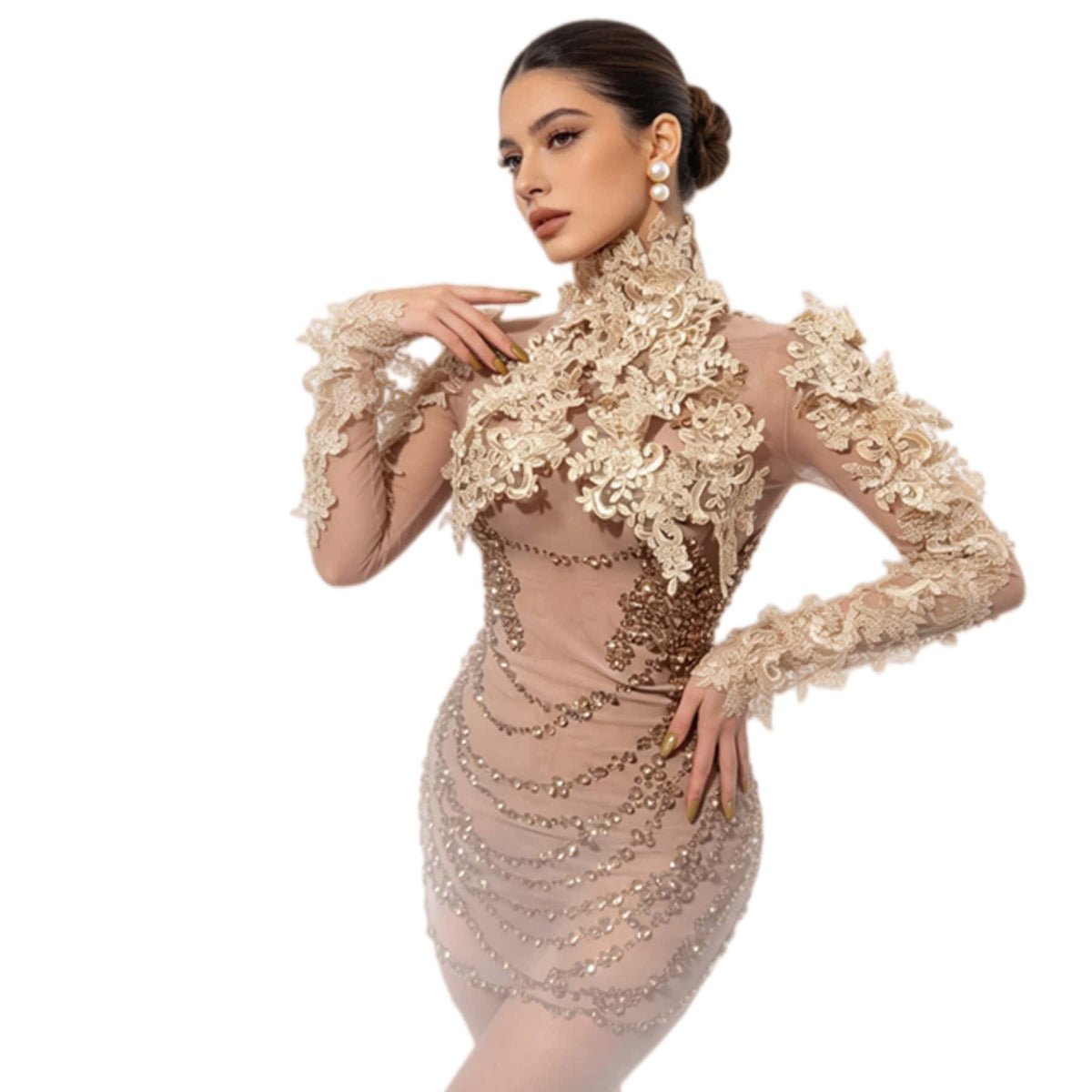 CELESINYI Jinghua Crystal Champagne Lace Mini Dress
