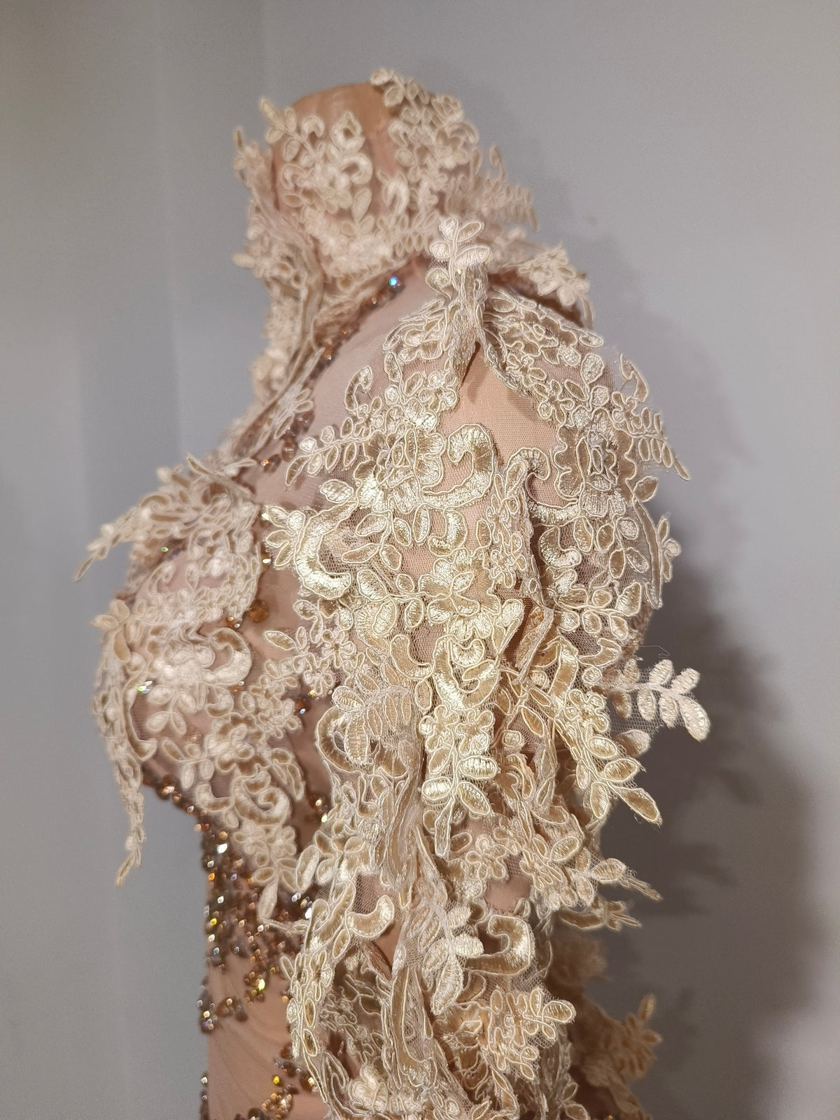 CELESINYI Jinghua Crystal Champagne Lace Mini Dress