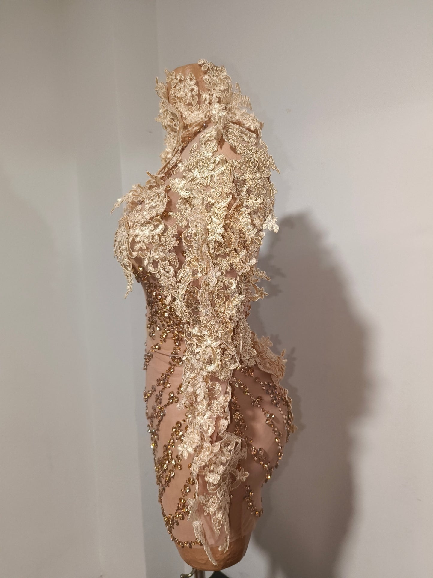 CELESINYI Jinghua Crystal Champagne Lace Mini Dress