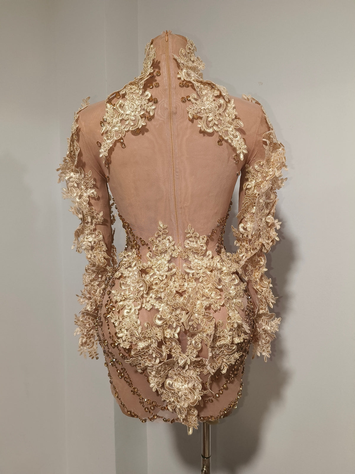CELESINYI Jinghua Crystal Champagne Lace Mini Dress