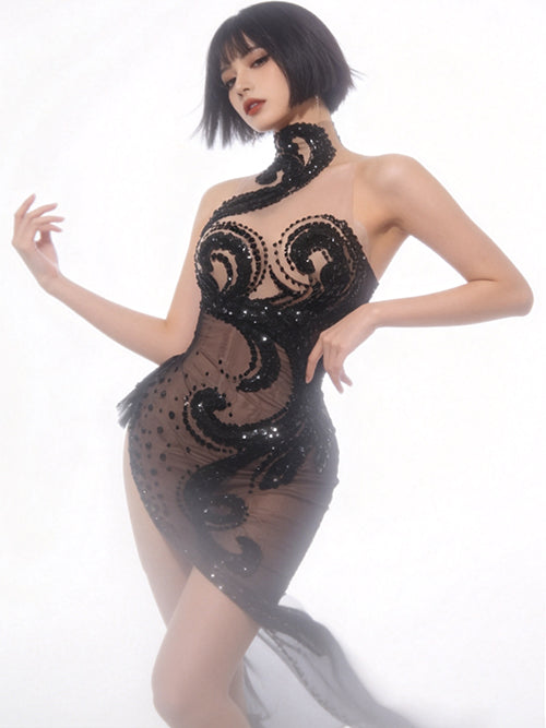 CELESINYI Yuehei Crystal Black Baroque Train Gown