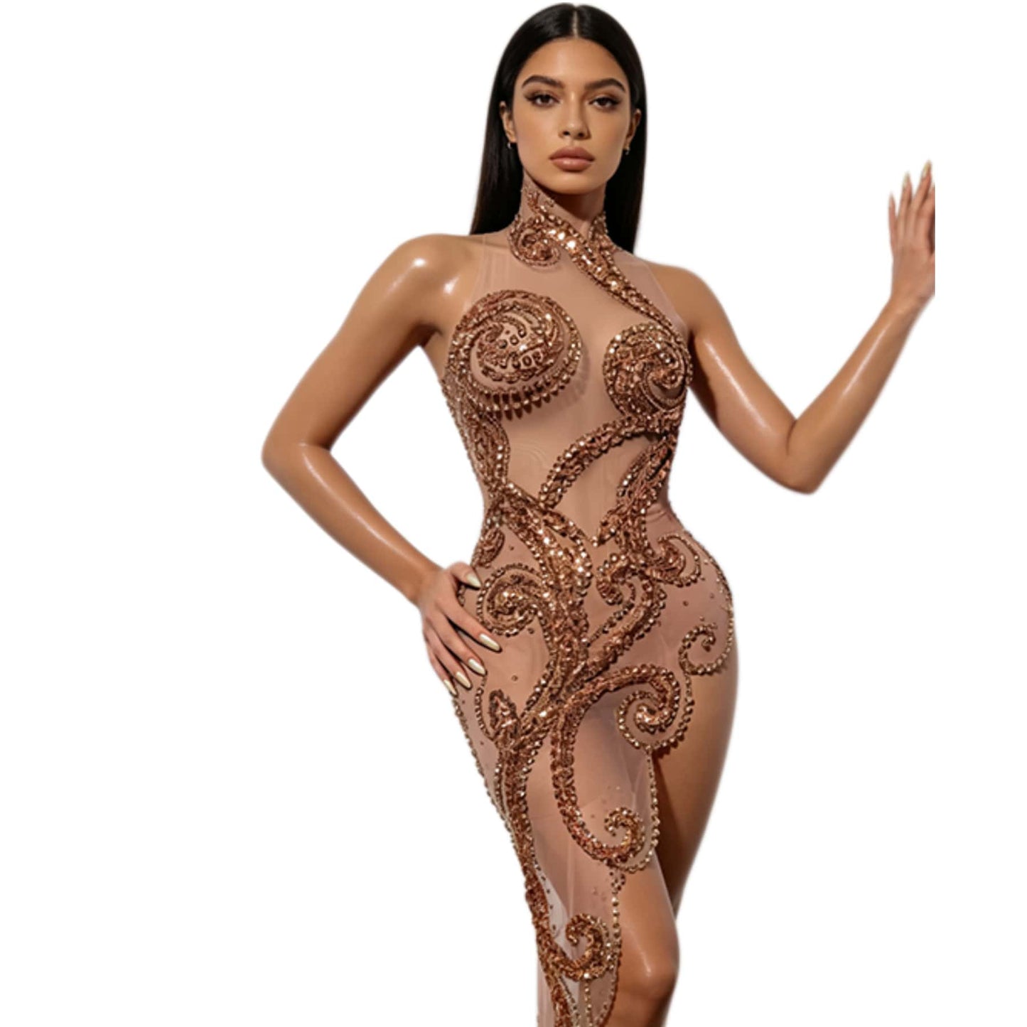 CELESINYI Qiuyue Crystal Bronze Filigree Train Gown